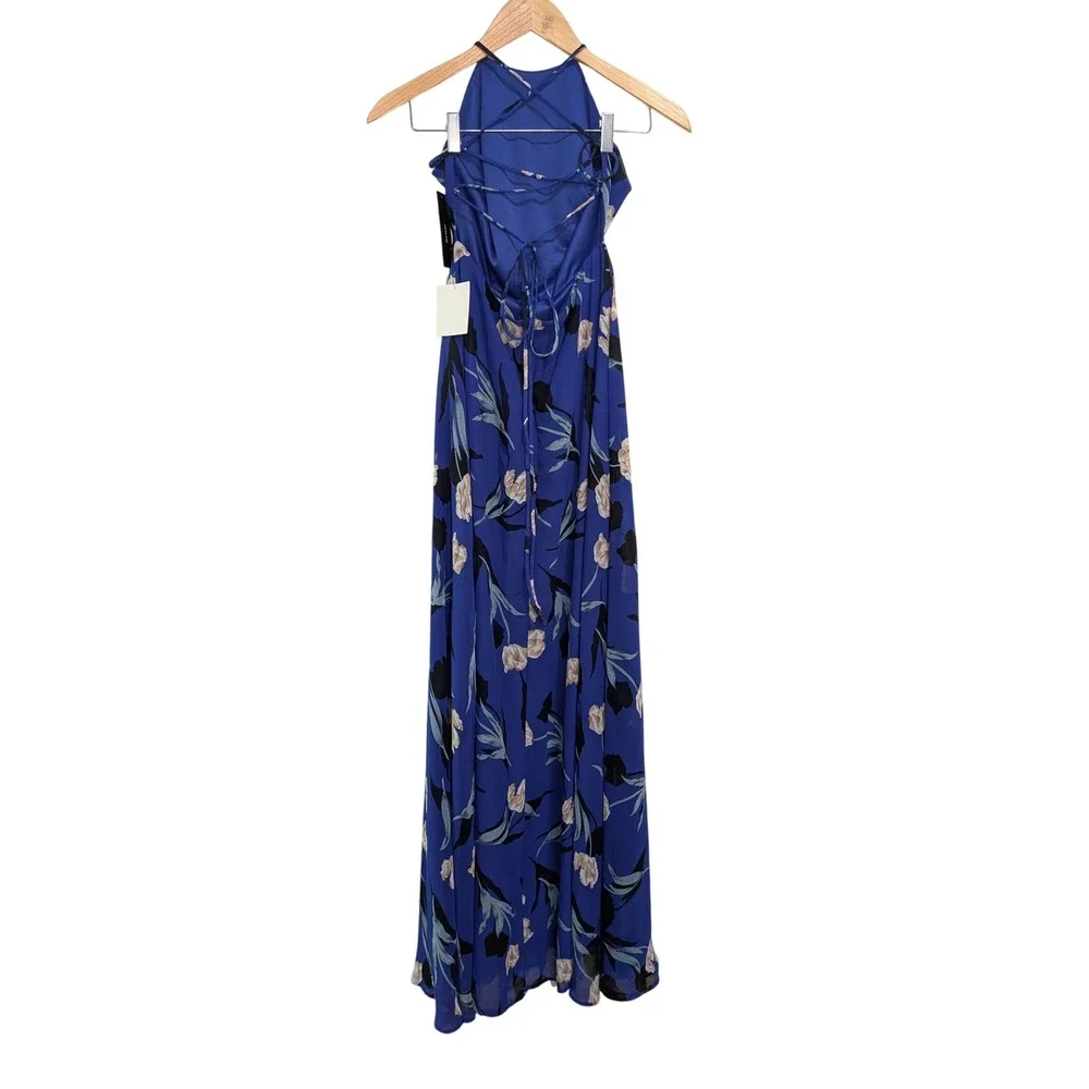 NWT Lulus Maxi Dress Blue Floral Halter Lace Up Back - S